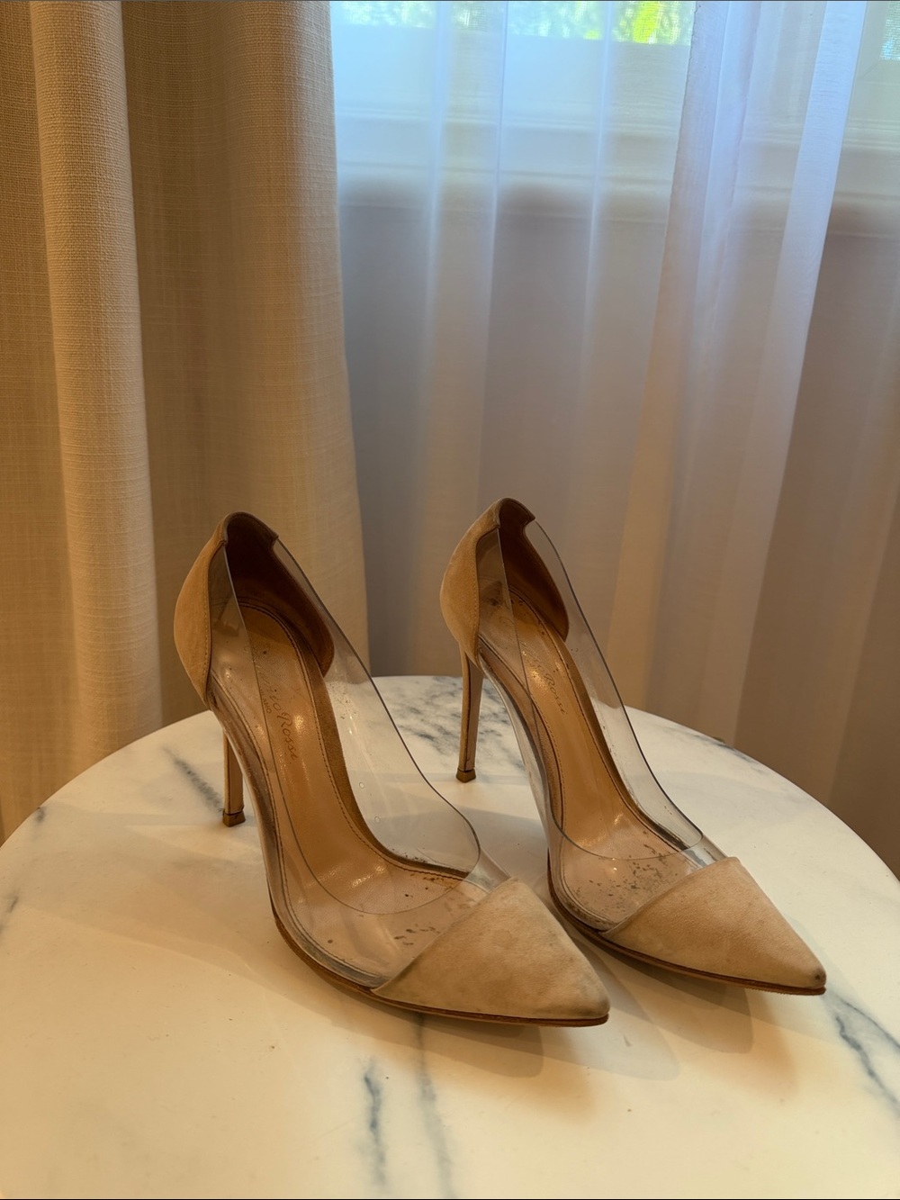 Gianvito Rossi Beige Suede & Clear Pointed Toe Pumps